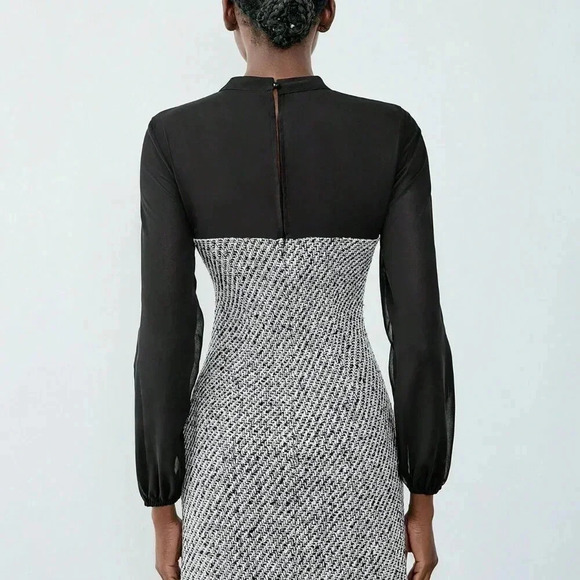 Black Elegant Women's Button Decor Chiffon Patchwork Lantern Sleeve Dress - Picture 2 of 6